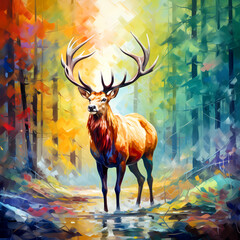 deer drawn by oil paints, colorful background, close up