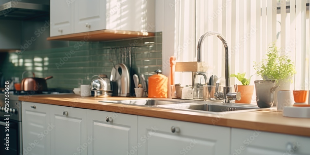 Aufkleber a picture of a kitchen with a sink and a window. perfect for showcasing a modern and functional kitc