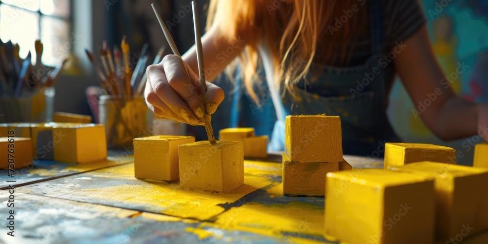 Poster a woman is seen painting yellow blocks on a table. this image can be used for various creative proje