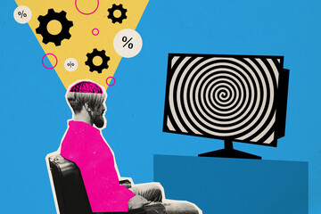 Photo collage picture sitting young man watching monitor hypnosis spiral brainwash propaganda...