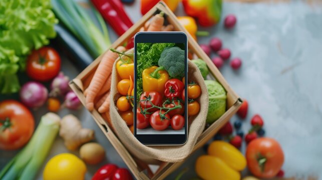 A person capturing a photo of a basket filled with fresh and vibrant vegetables. Ideal for food blogs, recipe websites, and healthy eating promotions