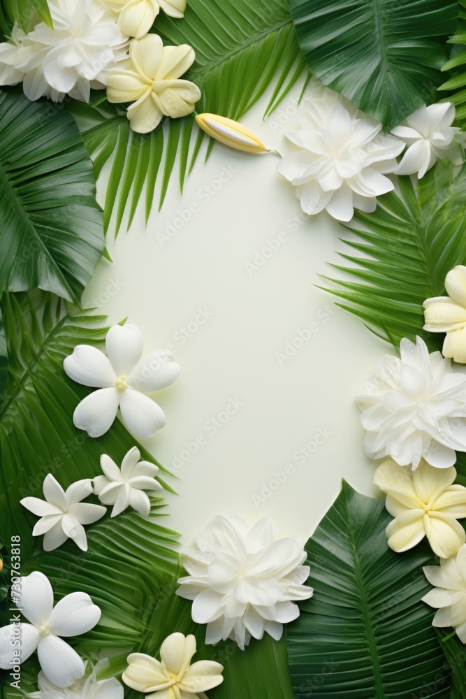 Poster a beautiful white frame adorned with green leaves and white flowers. perfect for adding a touch of n