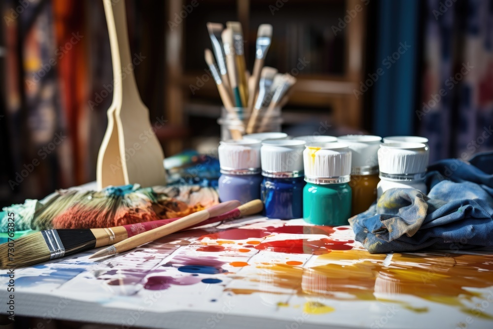 Poster a close-up view of paint and brushes on a table. perfect for artistic projects or creative inspirati
