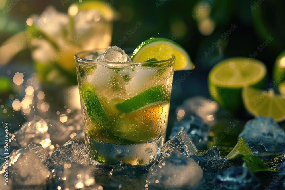 Poster a glass filled with ice and lime slices. perfect for refreshing summer drinks
