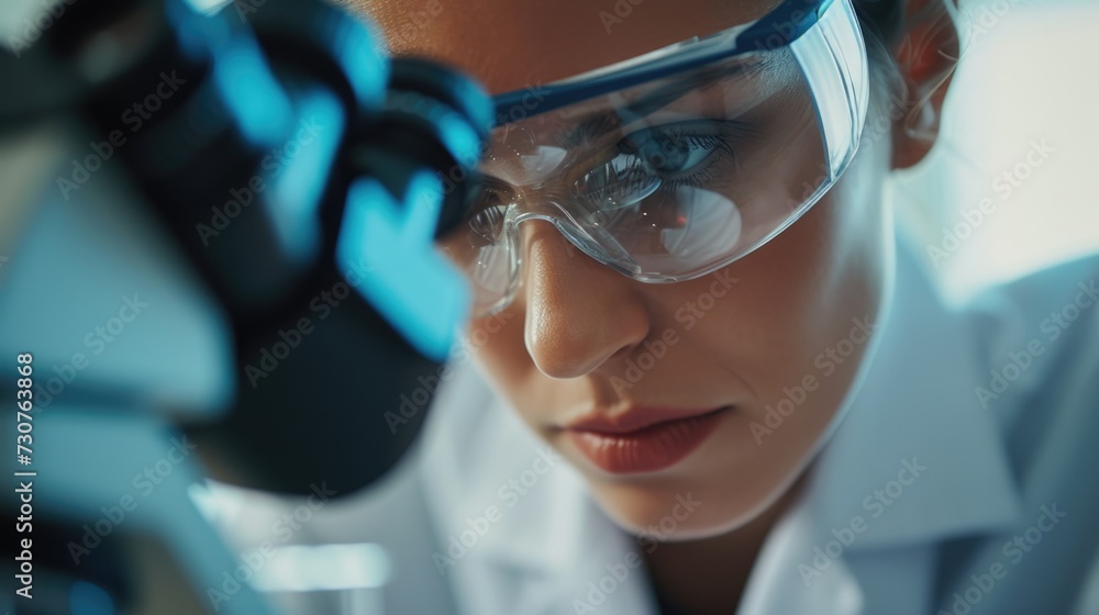 Poster a close up of a person wearing a lab coat and goggles. this image can be used to depict a scientist,