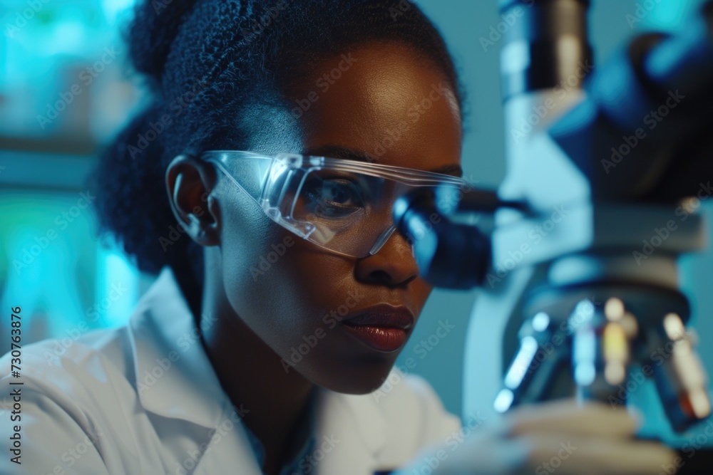 Poster a woman in a lab coat and goggles is focused as she looks through a microscope. this image can be us