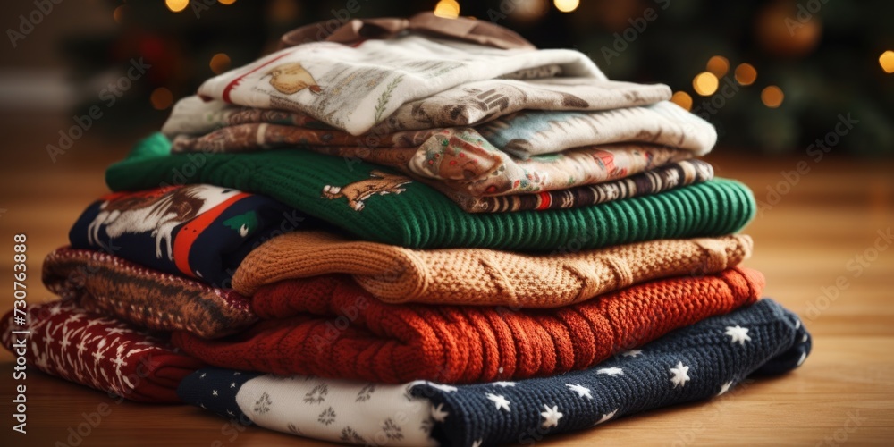 Poster A stack of sweaters neatly placed on top of a wooden table.