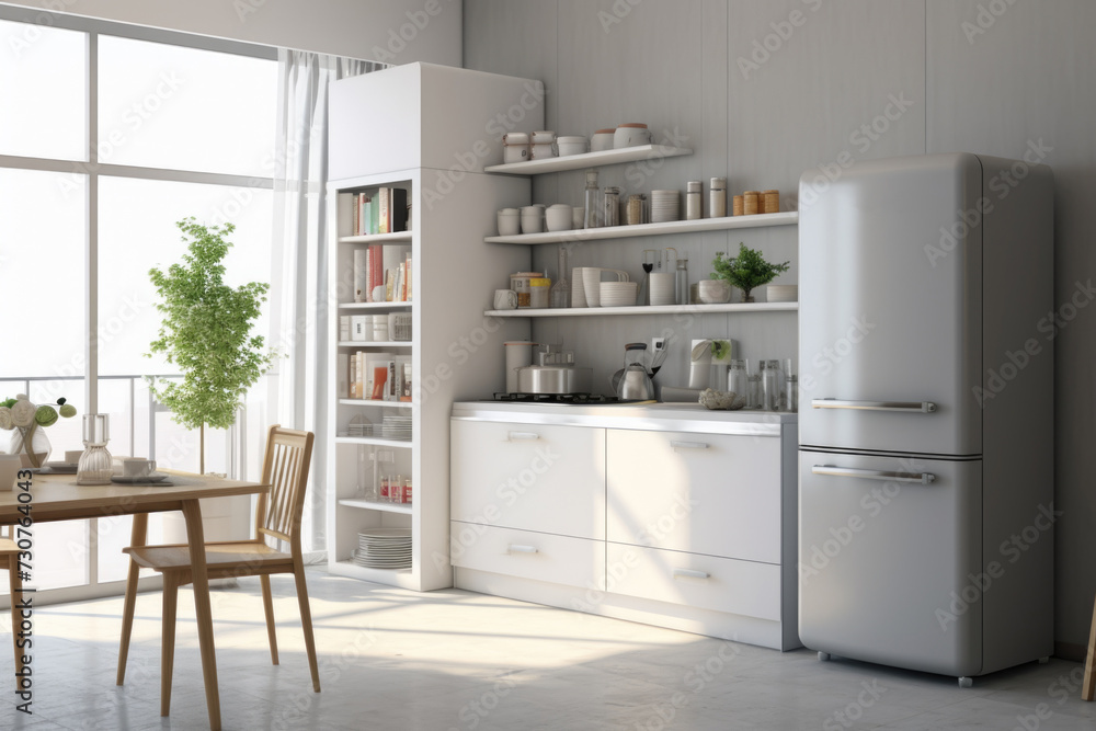 Sticker A simple and functional kitchen with a table, chairs, and a refrigerator. Suitable for various home and lifestyle themes