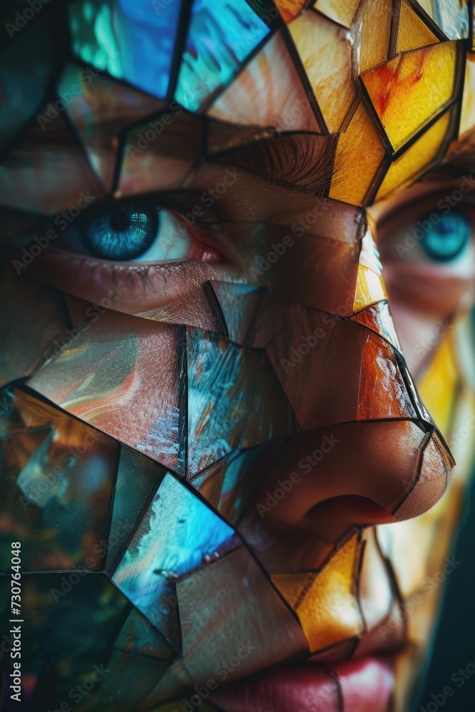 Poster A close-up view of a person's face with a unique mosaic design. This image can be used for various purposes, adding a touch of creativity and artistry to any project
