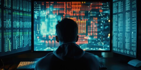 A person sitting in front of two computer monitors. Ideal for showcasing technology, work, or productivity.