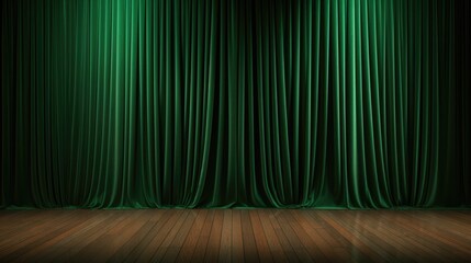A stage with green curtains and a wooden floor. Ideal for theater productions and performances