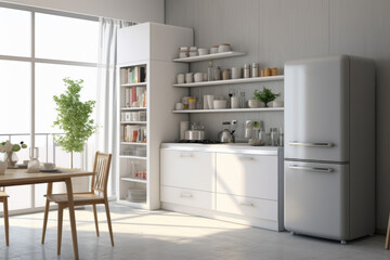 A simple and functional kitchen with a table, chairs, and a refrigerator. Suitable for various home and lifestyle themes
