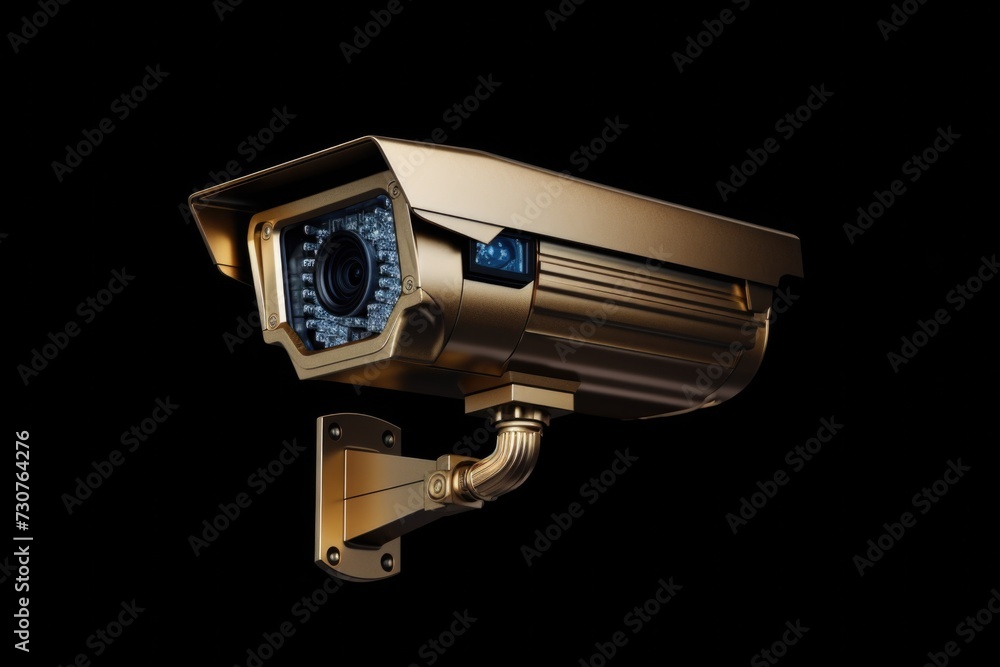 Poster a gold security camera on a black background. suitable for use in surveillance, security, or technol