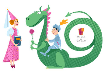 Princess, knight and dragon. Diada de Sant Jordi (the Saint George’s Day). Traditional festival in Catalonia, Spain