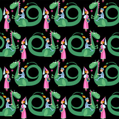 Princess, knight and dragon. Diada de Sant Jordi (the Saint George’s Day). Traditional festival in Catalonia, Spain. Seamless background pattern