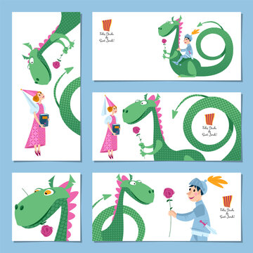 Set of universal cards with princess, knight and dragon. Diada de Sant Jordi (the Saint George&rsquo;s Day). Template