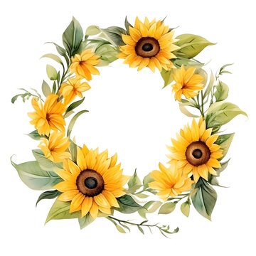 Watercolor sunflower wreath on white background hand painted illustration for banner card invitation design wallpaper