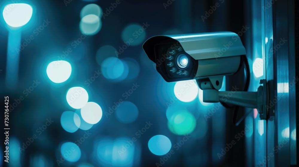 Poster A security camera mounted on the side of a building. Suitable for surveillance and security-related projects