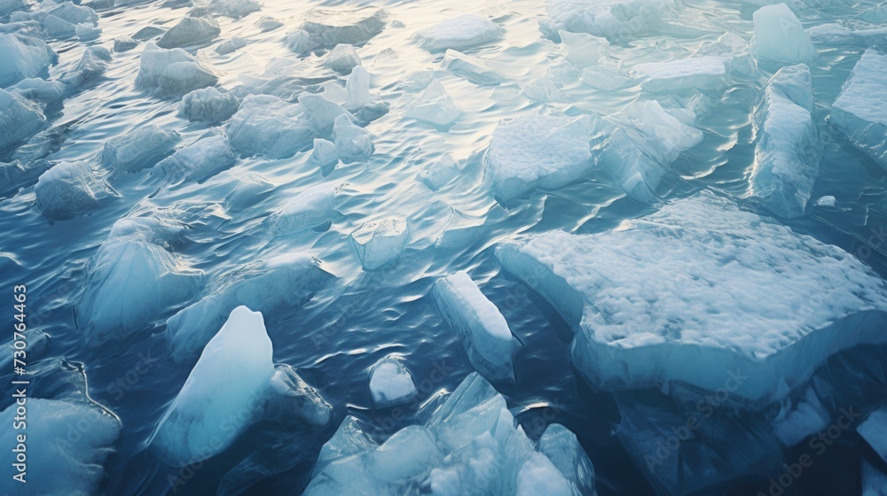 Poster icebergs floating on a body of water. suitable for nature and climate change themes