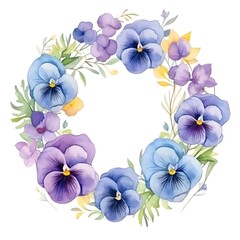Watercolor circle frame border of pastel Pansies flower on white background for nature season plant concept