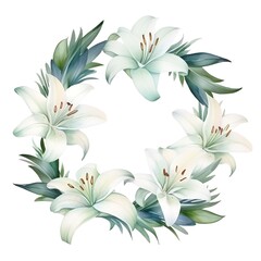 Fototapeta na wymiar Watercolor round frame with white Lily flowers and leaves isolated on white background with copy space for text and decoration