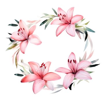 Watercolor hand drawn pink Lily floral wreath isolated on white background for card invitation template design