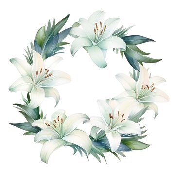 Watercolor round frame with white Lily flowers and leaves isolated on white background with copy space for text and decoration