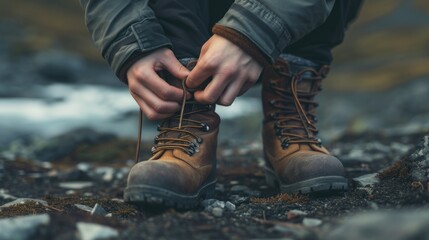 A person is seen tying up a pair of brown boots. This image can be used to depict preparation, getting ready, or completing a task - obrazy, fototapety, plakaty