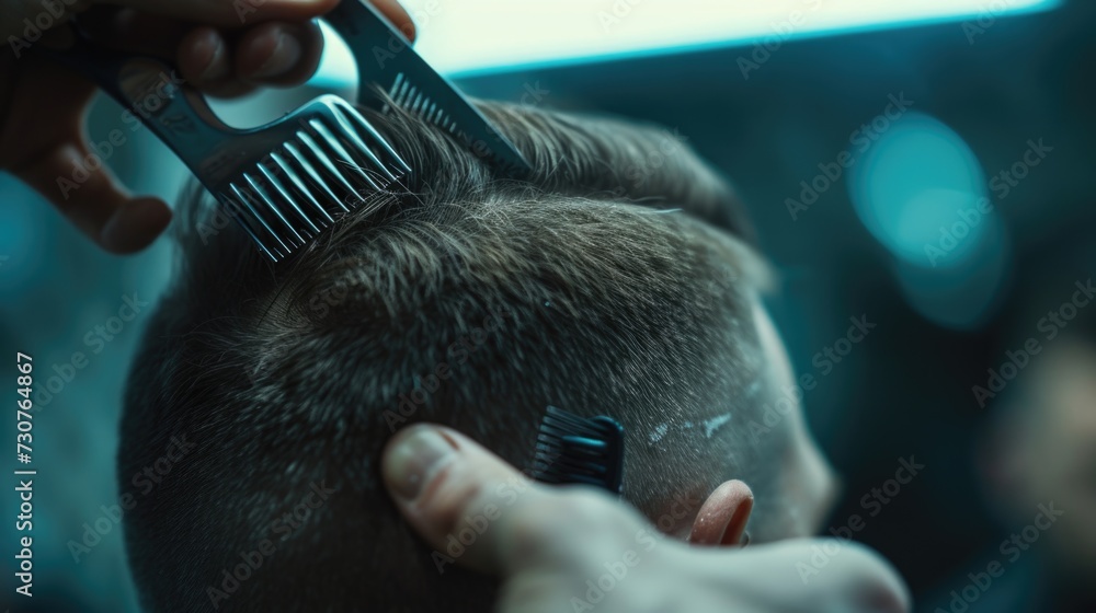Poster A person cutting another person's hair using a comb. This image can be used for hairstyling tutorials or salon advertisements