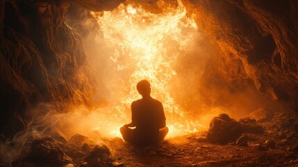 A person seated in a fire-lit cave. Generative Ai.