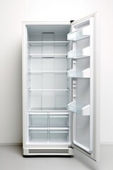 An open refrigerator in a white room. Can be used to depict cleanliness, organization, and healthy eating habits