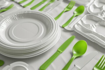 A table topped with plates and green utensils. Perfect for showcasing a vibrant and eco-friendly dining experience