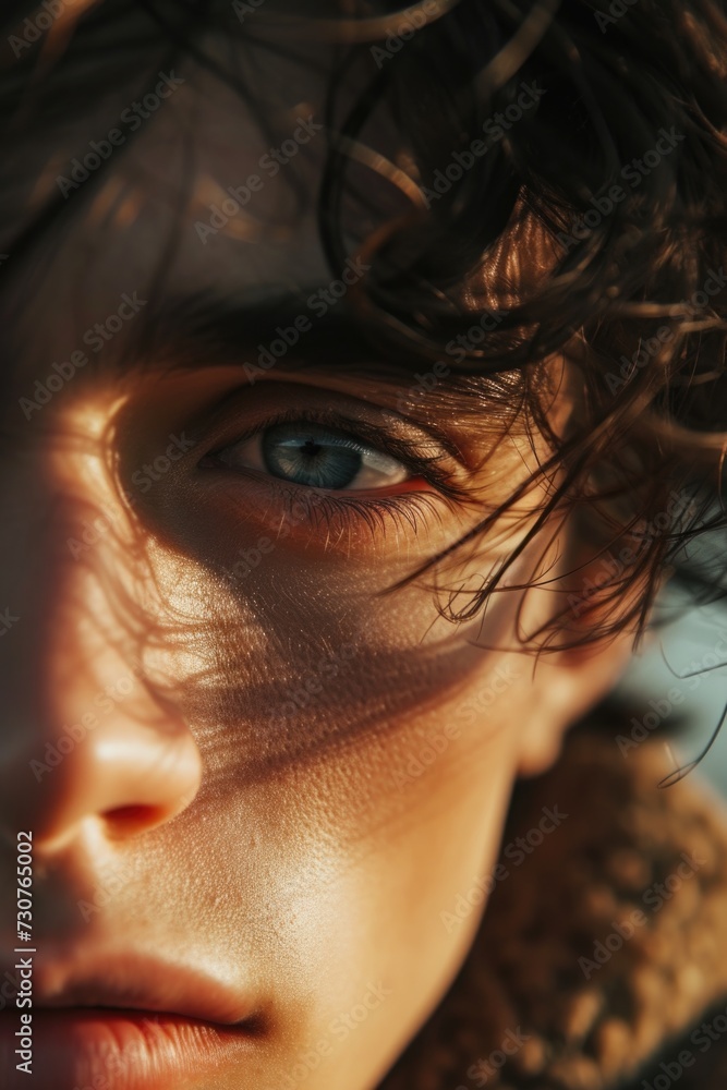 Poster a close-up view of a person's face with captivating blue eyes. perfect for capturing the beauty and 