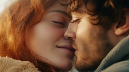 Obraz premium A close-up image capturing the intimate moment of a person kissing a woman. Perfect for romantic themes or illustrating love and affection