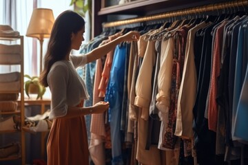 A woman standing in front of a rack of clothes, contemplating her options. This image can be used to showcase fashion choices or as a representation of shopping - obrazy, fototapety, plakaty