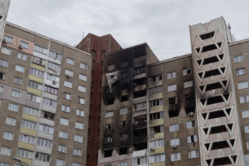 Kyiv, Ukraine - February 7, 2024. In the morning, the Russians fired missiles at Ukrainian cities. many apartments were destroyed by shrapnel from a downed rocket.