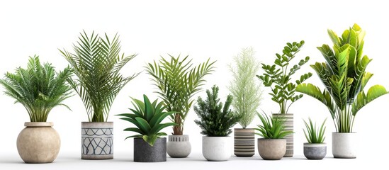 A collection of potted plants, including houseplants, trees, and grass, arranged in a row against a white background.