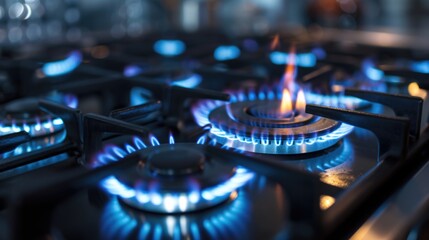 A close-up view of a gas stove with blue flames. This image can be used to depict cooking, home appliances, or energy efficiency - obrazy, fototapety, plakaty