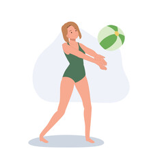 Beach Activity concept. Woman Enjoying Beachball Game. Joyful Woman Playing with Beachball