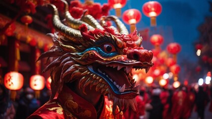 A vibrant dragon dance in the streets of china, AI Generated