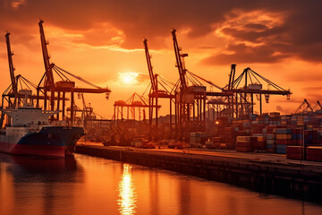 Fototapeta premium the infrastructure of a modern port, including docks, ships, cranes, and logistics equipment. Generative AI.