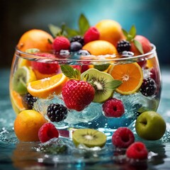 Naklejka na ściany i meble An array of vibrant, healthy fruits submerging in crystal clear water, representing the perfect balance of natural, whole foods and the refreshing, nourishing qualities they provide high detailed