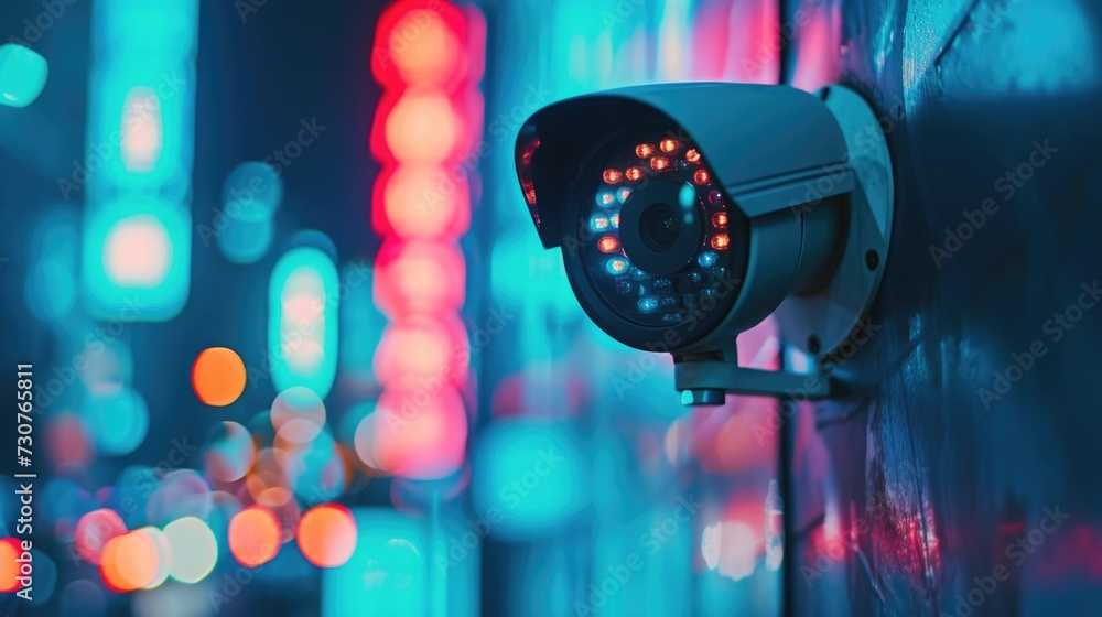 Poster a camera mounted on the side of a building. suitable for surveillance or capturing live events