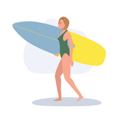 woman with Surfboards Enjoying Summer. woman Walking to the Sea with Surfboards on Beach