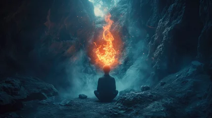 Foto op Plexiglas A person seated in a fire-lit cave. Generative Ai. © Concept Killer