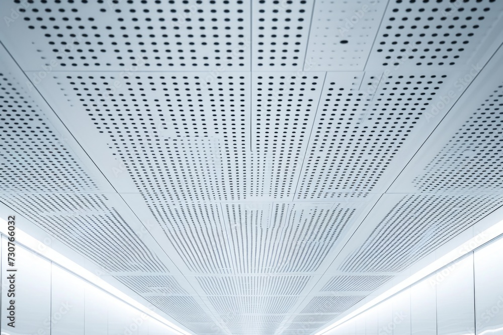Poster a long hallway with white walls and ceiling tiles. ideal for use in architectural designs or to depi