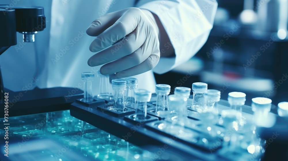 Aufkleber A person in a lab coat and gloves working on a machine. This image can be used to represent scientific research, laboratory experiments, or medical diagnostics