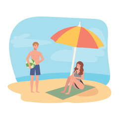 Obraz na płótnie Canvas Beach Activity Concept. Enjoyable Beach Day. Happy People on the beach. Sunbathing