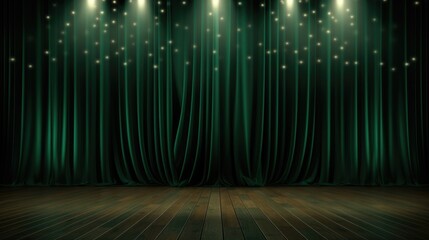 A stage with green curtains and spotlights. Suitable for theater, performances, and events