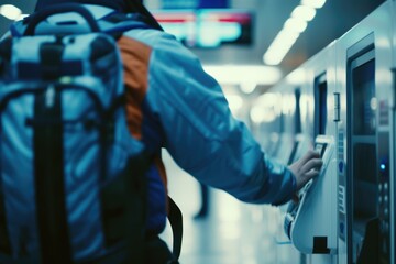 A man with a backpack is using an ATM machine. This image can be used to illustrate financial transactions or personal banking